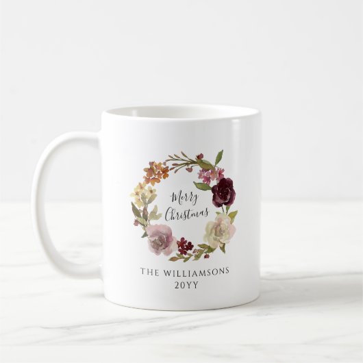 Mug Merry Christmas Floral Wreath Family Name (Gauche)
