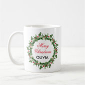 Mug Merry Christmas Holly Wreath personnalisé (Gauche)