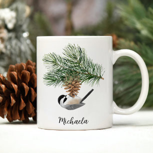 Mug Mésange d'hiver à l'aquarelle sur pomme de pin