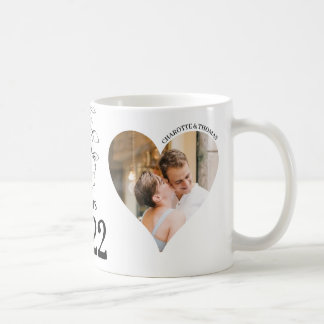 Mug met 2 hartvormige foto's, datum, voornamen koffiemok
