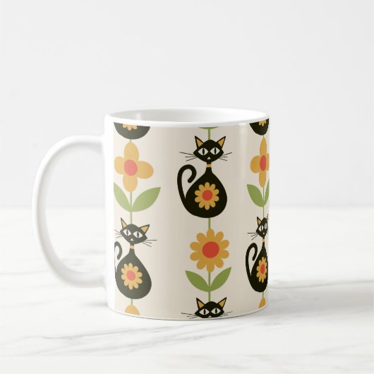 Mug Mid Century Atomic Cats with Retro Orange flowers  (Gauche)