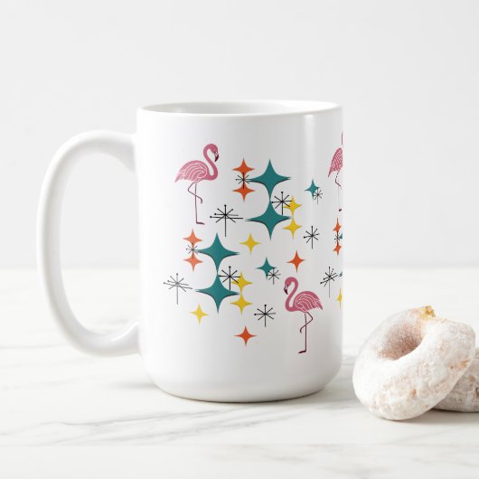 Mug Mid Century Modern Pink Flamingo Diamond Starburst (Avec donut)