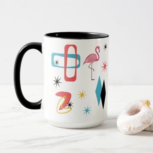 Mug Mid Century Pink Flamingo Ovals Starburst Diamonds (Avec donut)