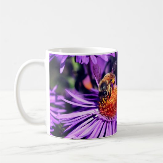 Mug Miel Abeille Sur Fleur Aster Violet Personnalisé (Gauche)