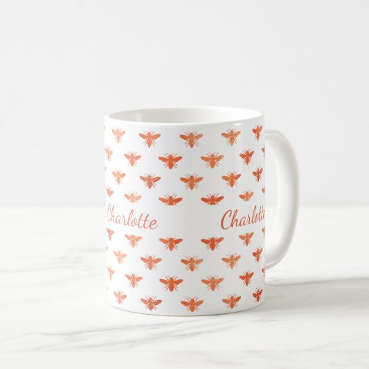Mug Miel abeilles or blanc script monogramme (Devant droit)