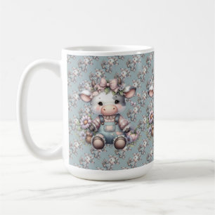 Mug Mignon bébé vache pastel en salopette avec des fle