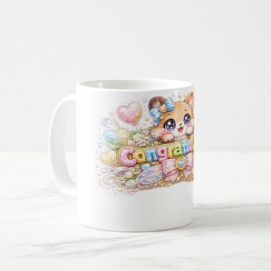 Mug Mignon Kawaii Félicitations Chat Floral Rose Paste (Devant gauche)