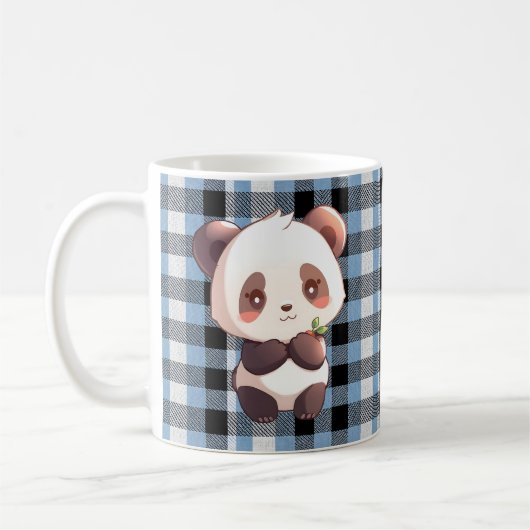 Mug Mignon Panda Kawaii Ours Plaid Bleu Buffalo (Gauche)