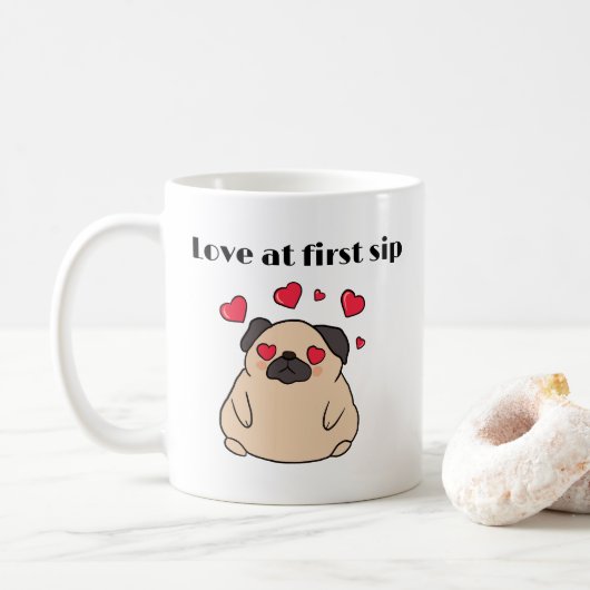 Mug Mignonne Amour Chien Carlin Au Premier Sip (Avec donut)
