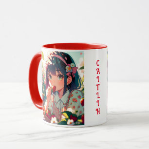 Mug Mignonne Anime Girl Mange des fraises   Jour d'été