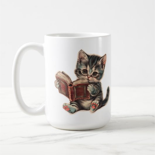 Mug Mignonne chat lecture livre enfants rétro illustra (Gauche)