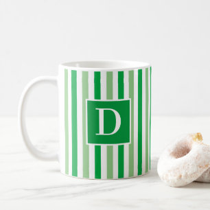 Mug Mignonne moderne vert et blanc rayé unique initial