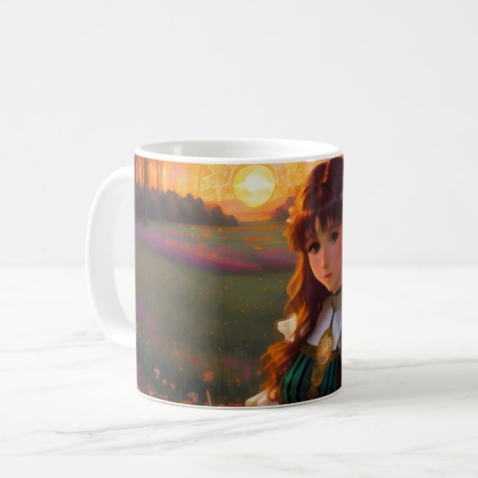 Mug Mignonne Sad Anime Style Femme dans le pré au couc (Devant gauche)