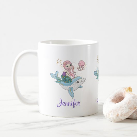 Mug Mignonne sirène chevauchant un dauphin sous la mer (Avec donut)
