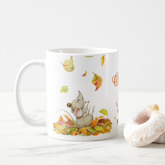 Mug Mignonne souris et orange jaune tomber eau feuille (Avec donut)