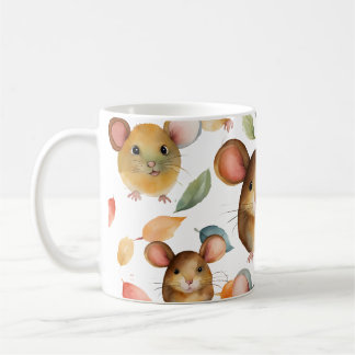 Mug Mignons Souris à l'aquarelle et Motif de Feuilles