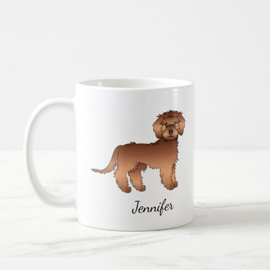 Mug Mini Goldendoodle roux dessin animé de chien & nom (Gauche)