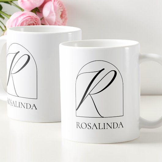 Mug Minimal Arch Black Script Initial R Name Monogram