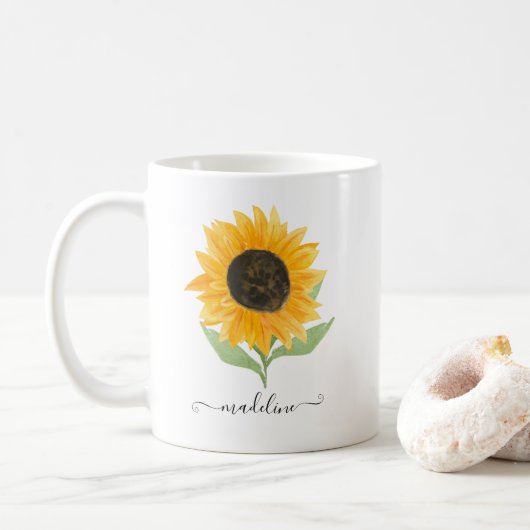 Mug Minimal Rustic Sunflower Personalized Name Script (Avec donut)