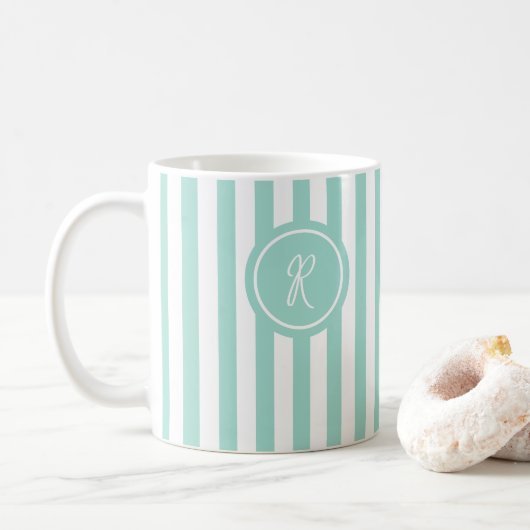 Mug Mint French Beach Stripe Personnalisé Monogramme (Avec donut)