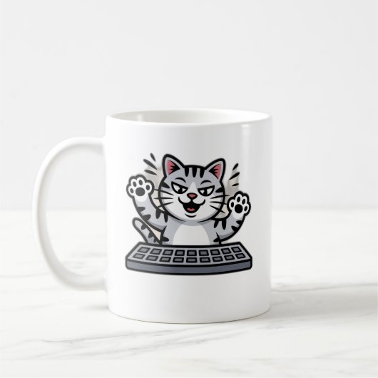 Mug Mischievous Cartoon Cat at Keyboard (Gauche)
