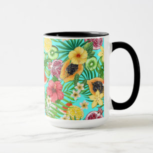 Mug Mix-fruit tropical, fleurs et feuilles en bleu