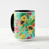 Mug Mix-fruit tropical, fleurs et feuilles en bleu (Devant gauche)