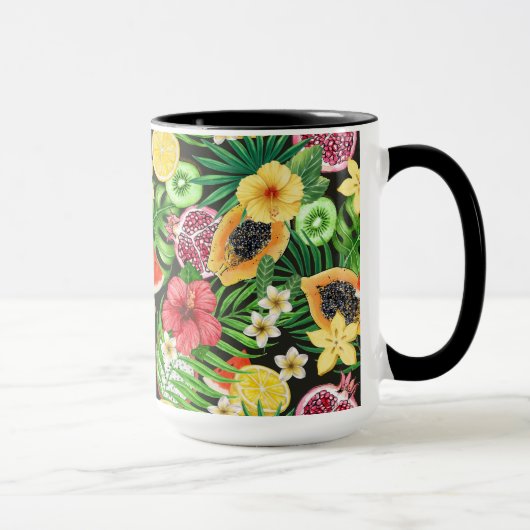 Mug Mix-fruits tropicaux, fleurs et feuilles en noir (Droite)