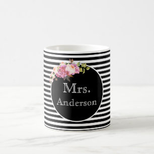 Mug Mme Nom de famille Grilles et fleurs noires et bla