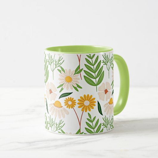Mug Modèle floral jaune or et blanc ivoire (Devant droit)
