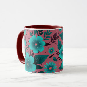 Mug Modèle floral turquoise sur Arrière - plan marron