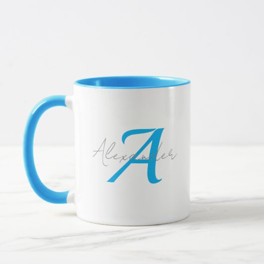 Mug Modern Blue Monogram & Script Name Personalized  (Gauche)