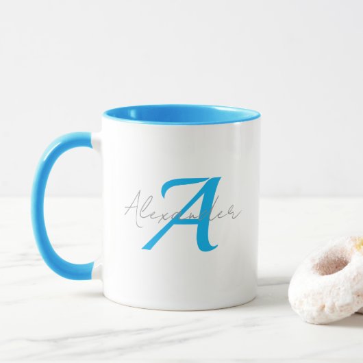 Mug Modern Blue Monogram & Script Name Personalized  (Avec donut)