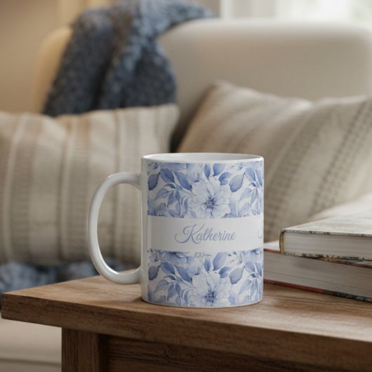 Mug Modern Blue Watercolor Floral Pattern Name