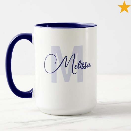 Mug Modern Blue White Custom Name Cursive Monogram