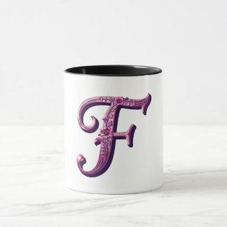 Mug Modern Metallic Rosemaling Letter F, Pink/Purple