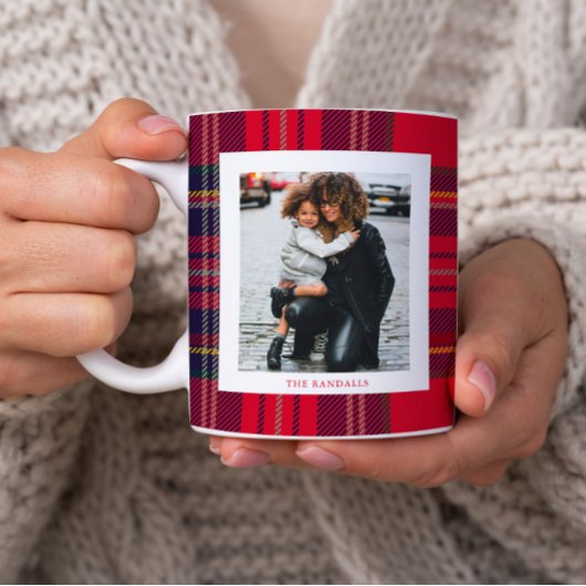 Mug Modern Red Plaid Rustic Monogram Photo Christmas