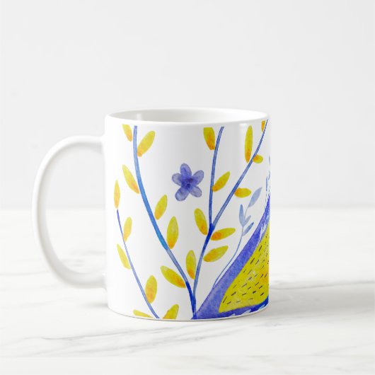 Mug Modern Watercolor Blue and Yellow Bird Art (Gauche)