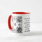 Mug Moderne Abstrait BW Doodle et Initiale en Rouge (Devant gauche)