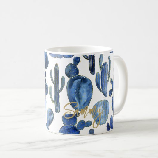 Mug Moderne Cactus Blue Gold NOM Chic Désert (Devant droit)