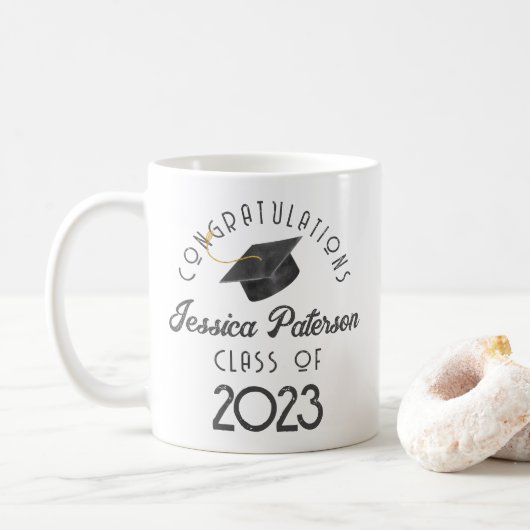 Mug Moderne Elégant Minimal Dark Grey Graduation Photo (Avec donut)