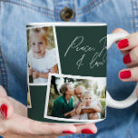 Mug Moderne élégant multi photo famille vert<br><div class="desc">Paix,  joie et amour cadeau photo de Noël. Design élégant moderne design multi photo décoration familiale cadeau. La couleur verte moderne peut être changée.</div>