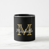Mug Moderne Elegant Noir Or manuscrit Monogramme (Centre)