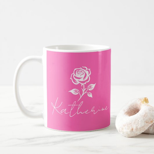 Mug Moderne Élégant Rose Chaud Et Rose Nom Personnalis (Avec donut)