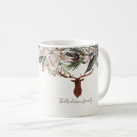 Mug Moderne feuillage fleuri rustique vacances de cerf (Devant droit)