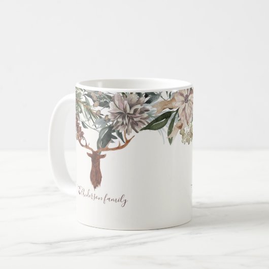 Mug Moderne feuillage fleuri rustique vacances de cerf (Devant gauche)