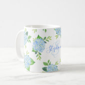 Mug Moderne Floral bleu Hydrangée Aquarelle Monogramme (Devant gauche)