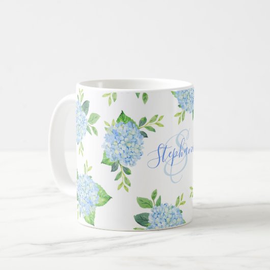 Mug Moderne Floral bleu Hydrangée Aquarelle Monogramme (Devant gauche)