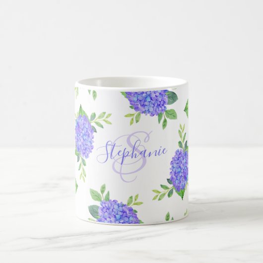 Mug Moderne Floral Purple Hydrangea Aquarelle Monogram (Centre)