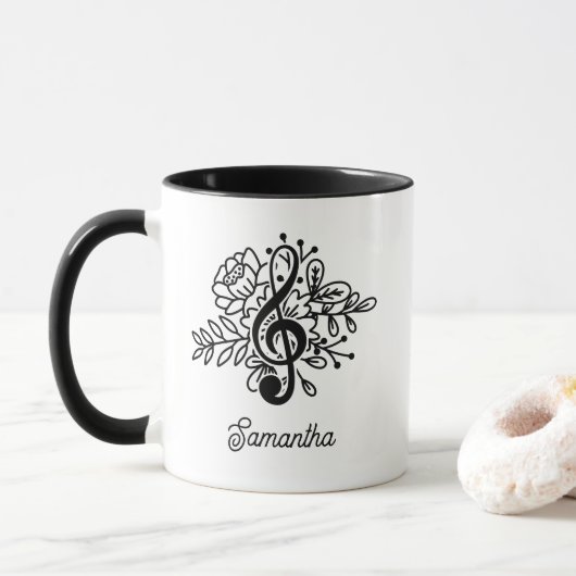 Mug Moderne Floral Treble Clef Black White Music Amate (Avec donut)